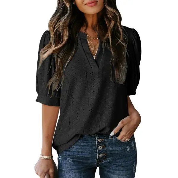 Dokotoo Women's Summer Business Casual Blouses V Neck Short Sleeve Shirts Hollow Out Cute Lace Tops Loose Fit Breathable Fabric Dokotoo Women's Summer Business Casual Blouses V Neck Short Sleeve Shirts Hollow Out Cute Lace Tops Loose Fit Breathable Fabric