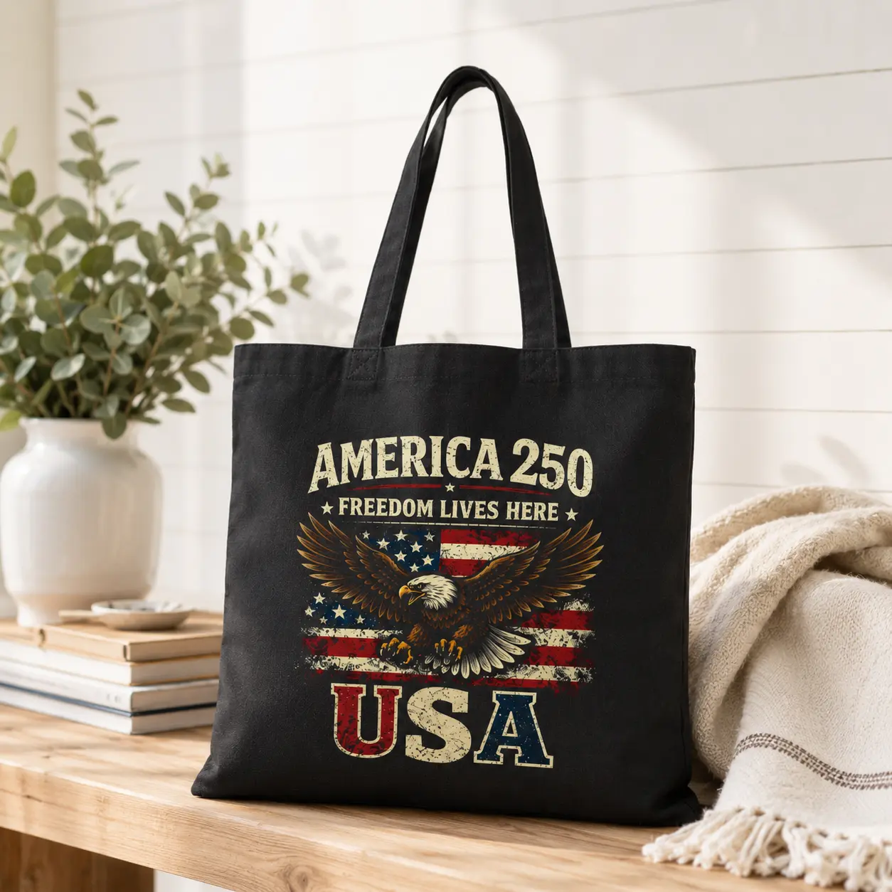 Freedom Lives Here Eagle Tote Bag | America 250 Patriotic Canvas Tote