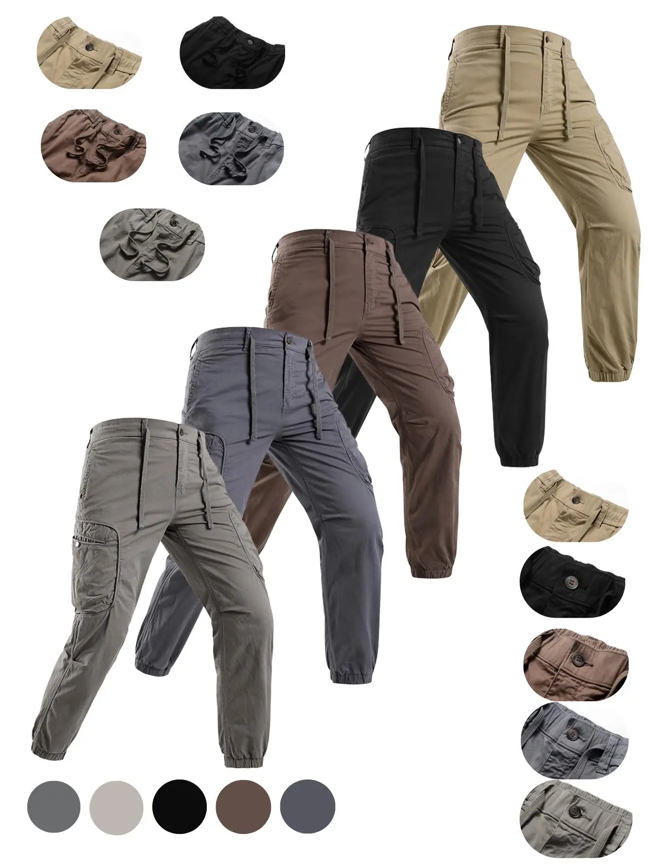 Men’s mid-to-high-waist jogger cargo pants with button and zipper closure at the front, drawstring waist, elastic waistband at the back, double-layer reinforced construction with visible stitching lines, side zippered utility pockets, segmented 3D cutting