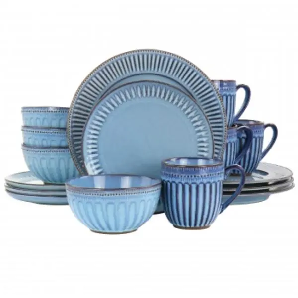 Gibson Elite Mendocino 16-Piece Full Service Dinnerware Set, Blue - 130929.16 Model, Dishwasher Safe, Reactive Glaze, Embossed Arch & Dot Designs, Unique Colors