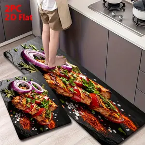2pcs/3pcs Flannel Kitchen Mat Set, Deep Stone Base, Non-Slip, Absorbent, Vintage Industrial Style, Home Decor
