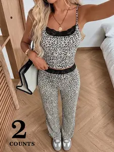 Women's Leopard Lace Halter Top and Long Pants Set, Casual Striped, Fall Winter Fashion, Loose Fit, Breathable, Versatile, Feminine, Womenswear
