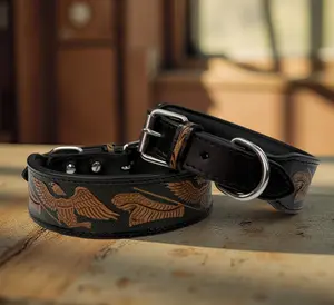 Leather Dog Collar Full grain Leather Handmade Tooled Carved 1.5" wide