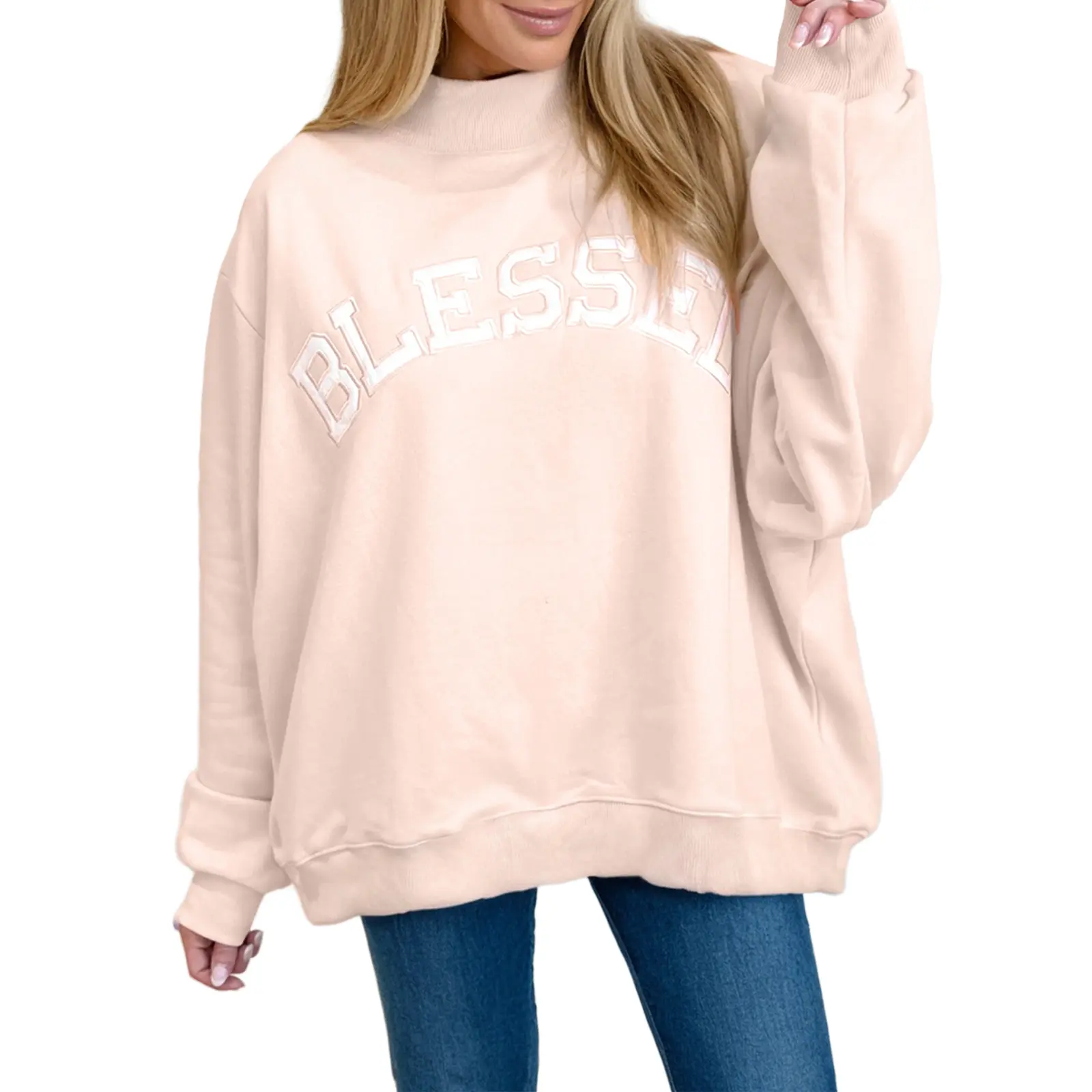Casual Graphic Sweatshirt for Women in Light Pink, Baggy Mock Neck Top with "Blessed" Embroidery, Fit
