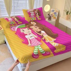 Strawberry Shortcake Fitted Sheet Set (3-Piece, 1 Fitted Sheet + 2 Pillowcases, No Pillow Inserts Included), Bedding Sets, Cartoon Character Print, Soft Microfiber, Perfect for Kids' Bedroom Decor, Ideal Gift for Fans