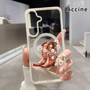 Magnetic Phone Case Supports Wireless Charging Compatible With Samsung Galaxy S23 Ultra S24 Plus FE S25 S22+ Floral Cowboy Boots Pattern Anti-Yellowing Shockproof durable ultra-thin Crystal Transparent Acrylic Cover