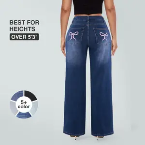 Magic SHAPUM Mid Low Waist BBL Jeans for Women Wide Leg Loose Fit Comfortable Stretchy Denim Pants Embroidery Dark Blue Stretch Denim Tights