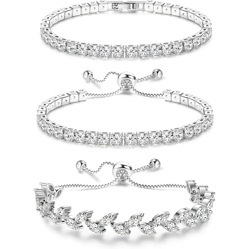 Women's 3-Pack Silver-Plated Cubic Zirconia Adjustable Stackable Tennis Bracelets, Elegant Jewelry Accessory, White Gold Bracelet Alternative, Ideal for Women's Prom, Wedding Gifts, Elegant Jewelry Bracelet