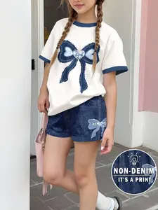 Girls' Summer New Two-Piece Set, Denim Print Short Sleeve T-Shirt, Butterfly Knot Design, High-Waisted Elastic Shorts, Breathable Fabric