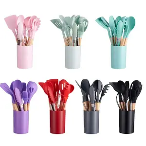 12 Pcs Non-Stick Silicone Kitchenware Kit with Wooden Handle Utensil Cooking Spatula Set utensils
