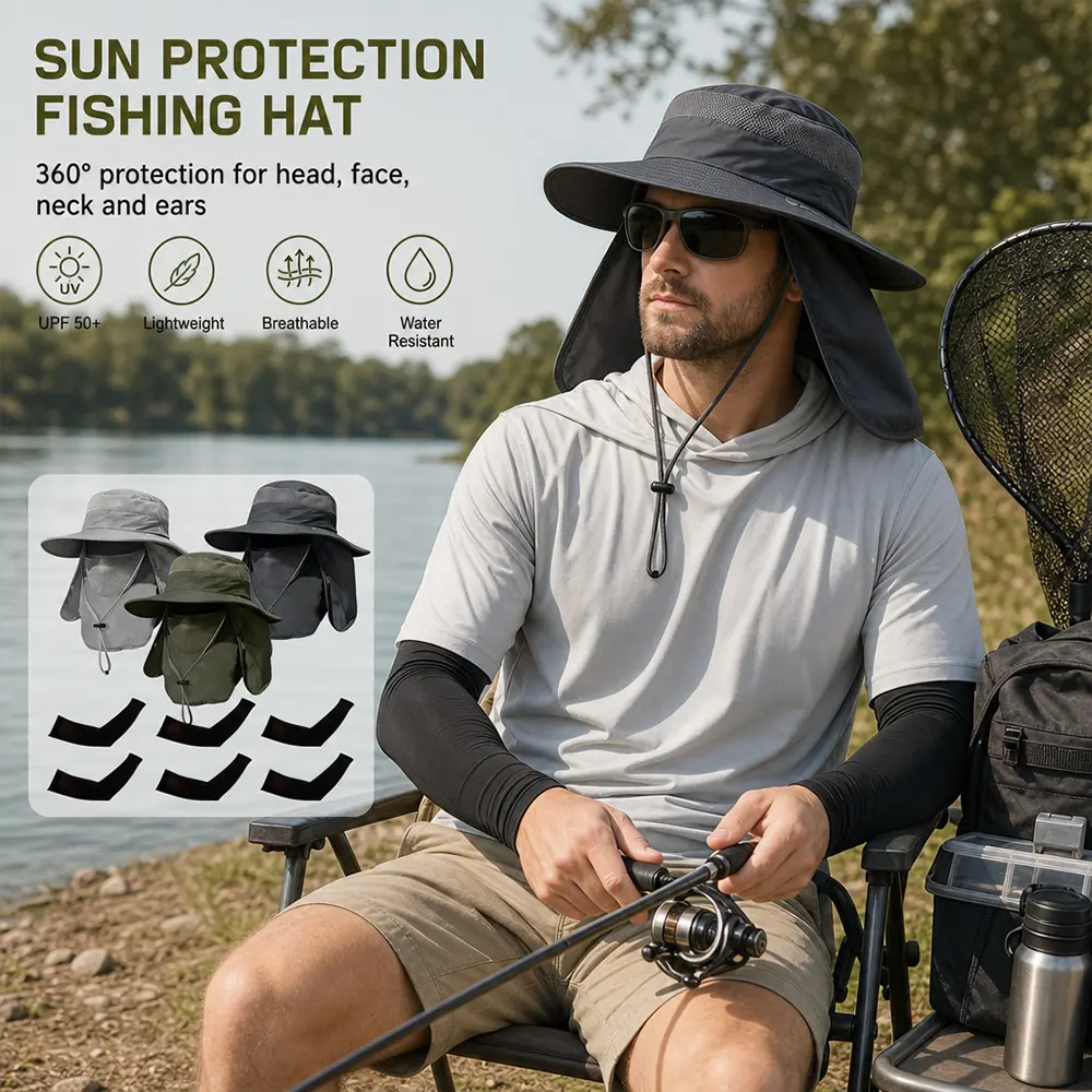 Men's Outdoor Wide Brim Fishing Kitchen Utensils Hat - 3-Pack UPF 50+ Sun Protection Cap with Face-Neck Flap, Adjustable Chin Strap, Breathable Lightweight Boonie Design for Hiking, Camping, All-Day Comfort
