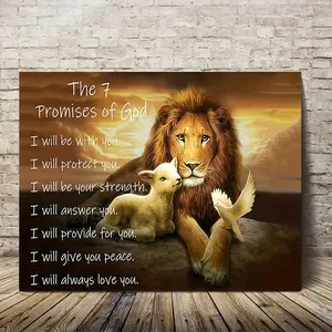 1 Piece Wooden Frame Christian Scripture Canvas Wall Art - Lion, Lamb, and Dove Spiritual Landscape and God's Promise, Inspirational Religious Home Decor, Suitable for Living Room, Bedroom, Office, 2D Flat, Perfect Room Decoration, Artistic