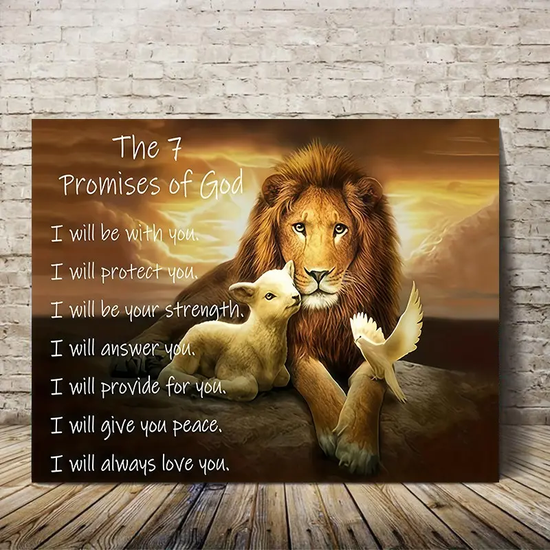 1 Piece Wooden Frame Christian Scripture Canvas Wall Art - Lion, Lamb, and Dove Spiritual Landscape and God's Promise, Inspirational Religious Home Decor, Suitable for Living Room, 2D Flat, Room Decoration, Artistic, Artwork