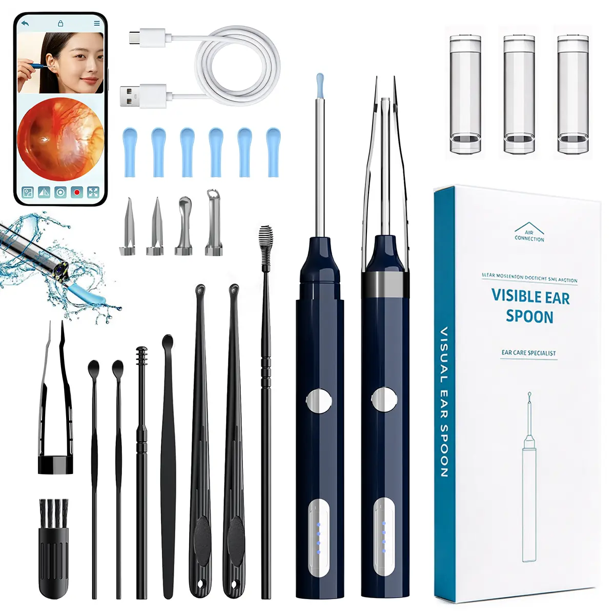 Rechargeable Waterproof Ear Wax Remover Visual Ear Spoon, 2.8" Built-In Screen, Plug & Play, HD Camera Ear Cleaning, Earwax Removal Tool For iOS Android, Ear Cleaner Solution，  Camera Ear Cleaning Manual Earwax Removal Tools Kit，