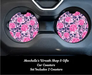 Pink Butterflies & Skulls Car Coasters, Stylish Automotive Interior Decoration Accessories with Functional Design, Butterfly Pattern