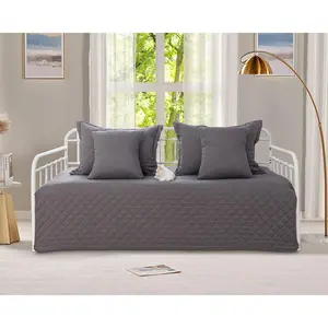 5-Piece Gray Twin Daybed Cover Set, Cozy All Season Daybed Bedding Double Sided Quilted Comforter Bedspread Geometric Print with 4 Pillow Shams, Size 39"x75"