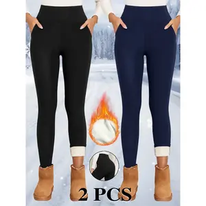Women's Fleece Lined Winter Leggings with Pockets, High Waist Slim Fit, Plain Color, Casual Comfort for Fall & Winter, Womenswear