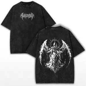 Y2K Gothic Angel Oversized Tee Vintage Washed Streetwear Shirt for Menswear Top Man Tshirt Tropical Round Neck Crewneck Casual