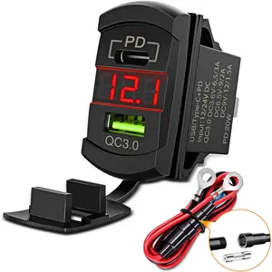 Nilight Rocker Switch Style USB Charger Red LED Voltmeter Quick Charge 12V PD Type C and USB QC 3.0 Car Charger Replacement with Inline Fuse for Switch Panel on Boats RV Truck Car