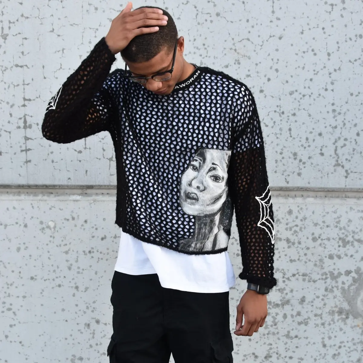“Artiste” Graphic Crochet Sweater Cropped Oversized Cotton Casual Black
