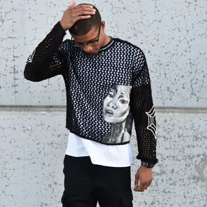 “Artiste” Graphic Crochet Sweater Cropped Oversized Cotton Casual Black