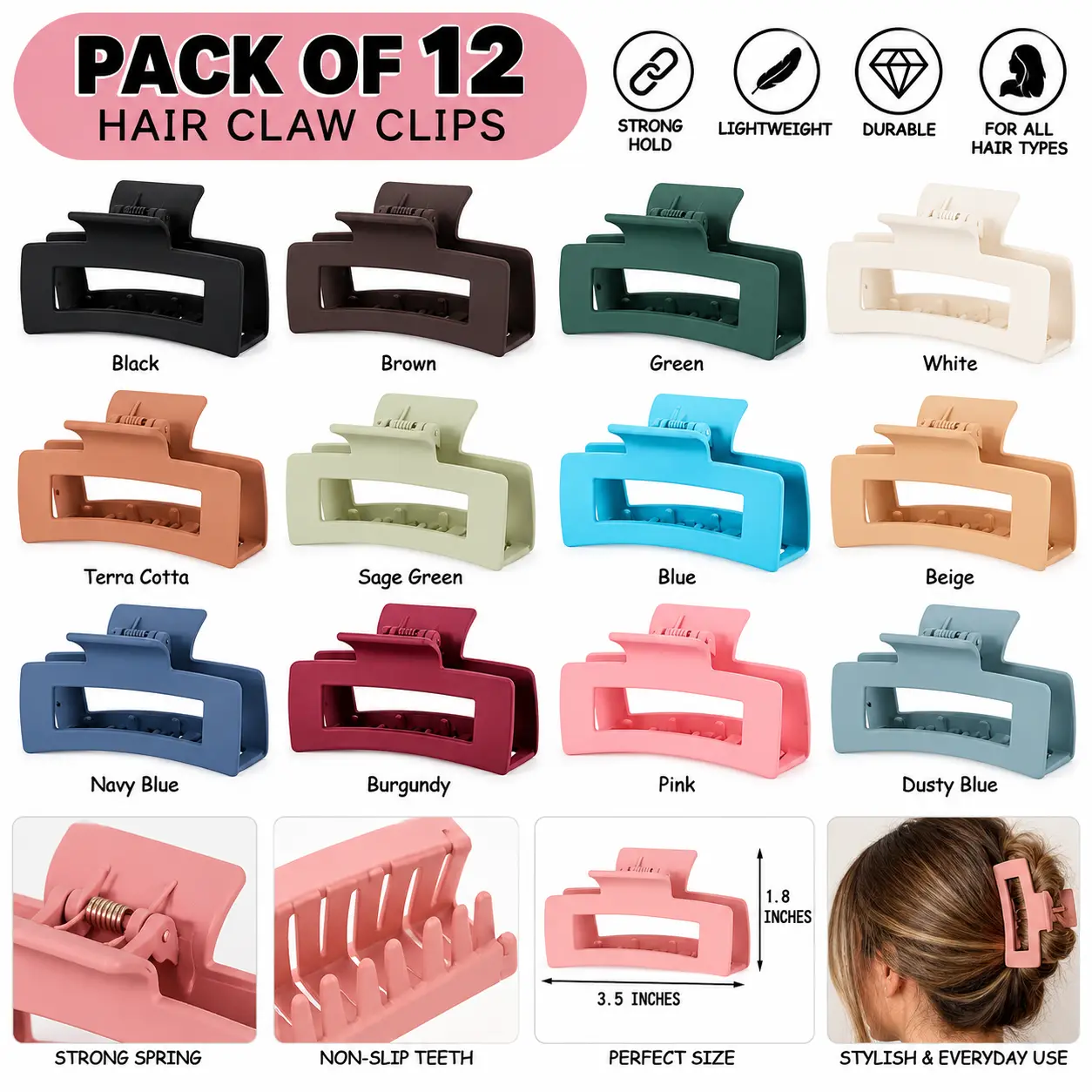 12 Pieces 3.5 Inch Large Hair Claw Clips Rectangular Big Hair Clips Matte Nonslip Banana Clip Strong Hold Plastic Barrettes Jaw Clips for Women Girls Gifts Hair Accessories, 12 Colors