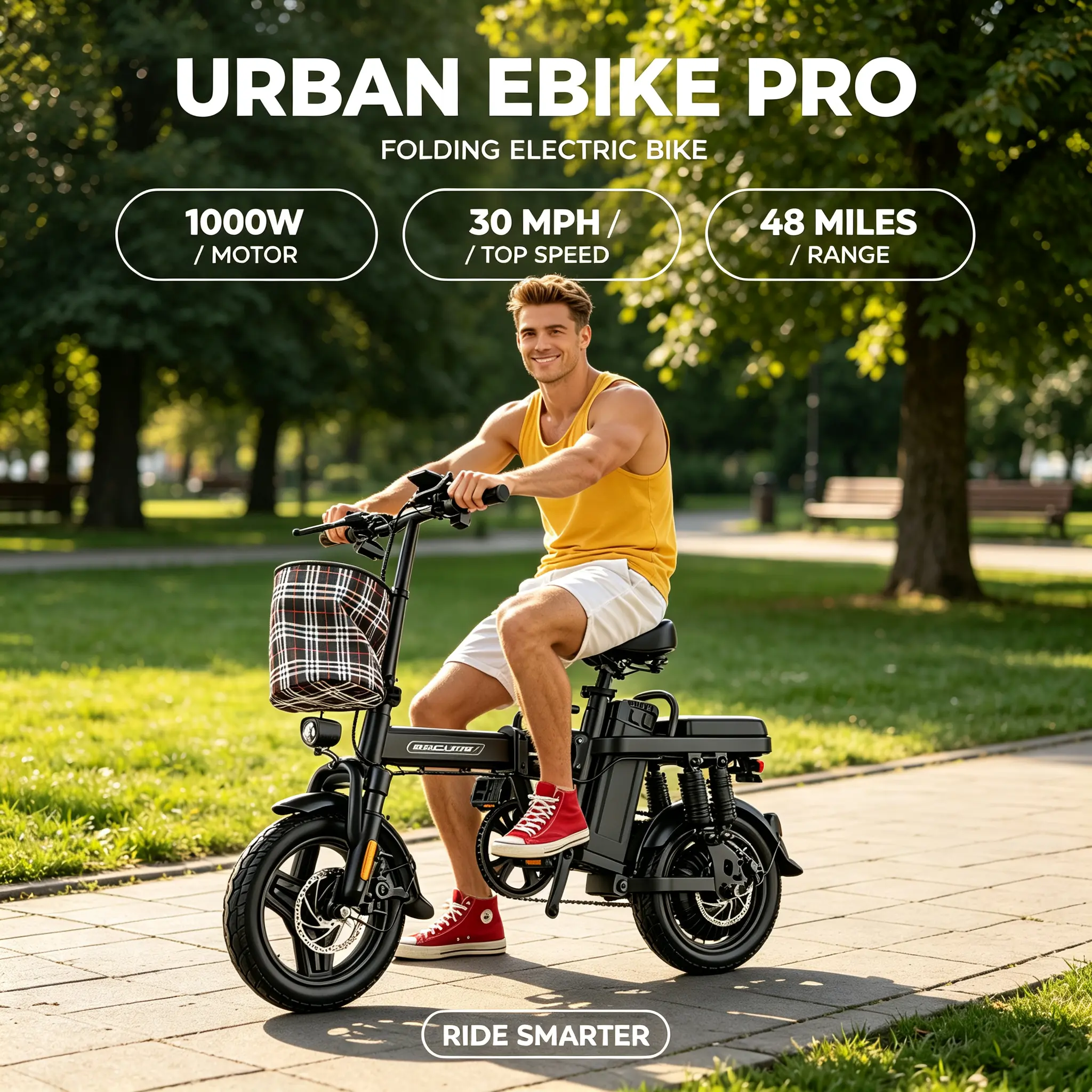 Compact Folding Electric City Commuter E-Bike - 1000W Motor, 15Ah Removable Battery, 48-Mi Range, Lightweight Sports & Outdoor Cycling Leisure Equipment