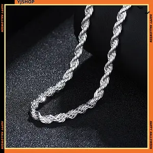 Men’s single-strand trendy jewelry, silver-plated, sparkling twisted rope braid necklace. Length: 60 cm. Width: 4 mm.