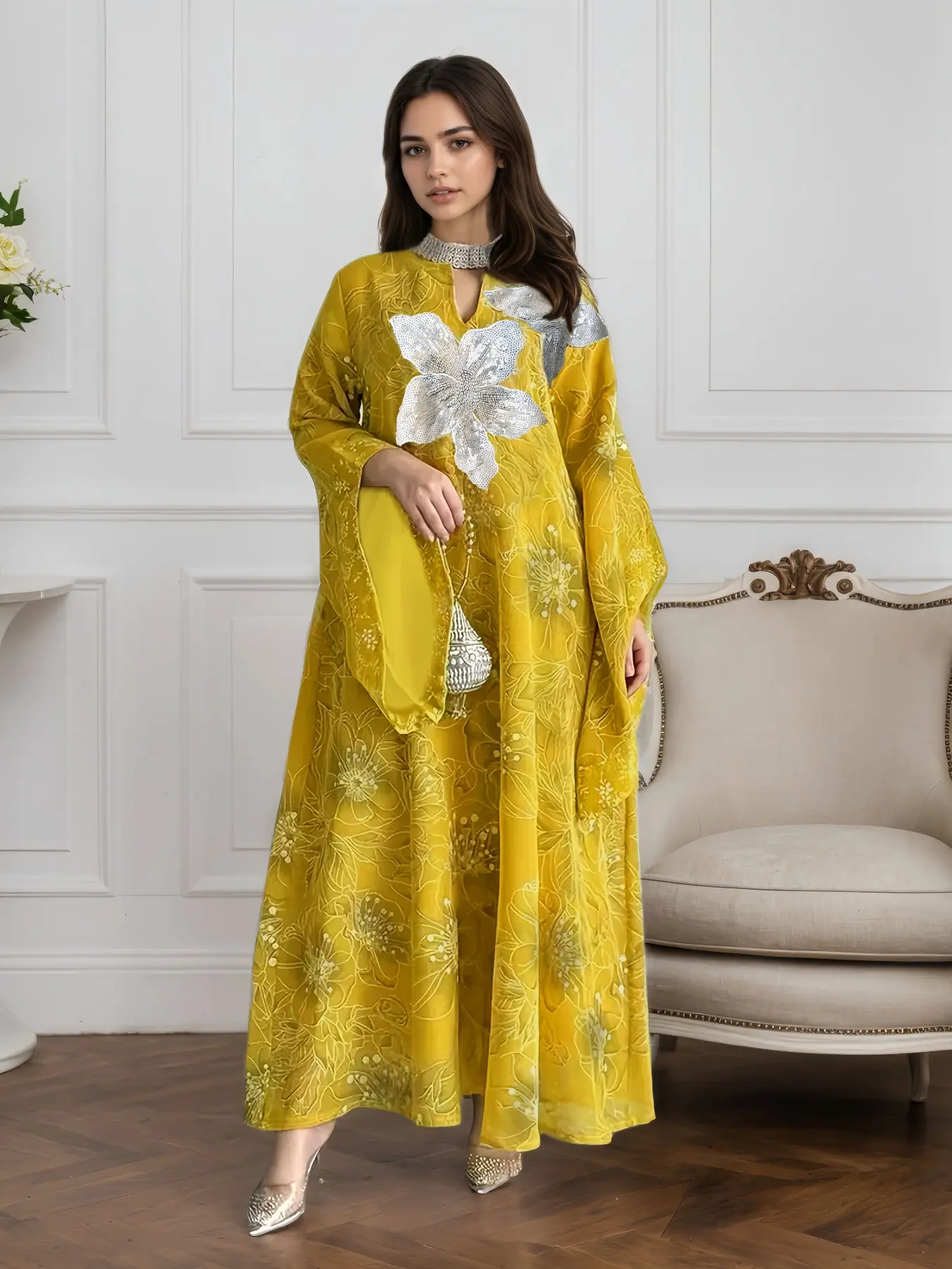 Dubai Sequined Long Abaya Dress, Elegant Loose-Fit Jalabiya for Muslim Women, All-Season Woven Fabric Party Wear