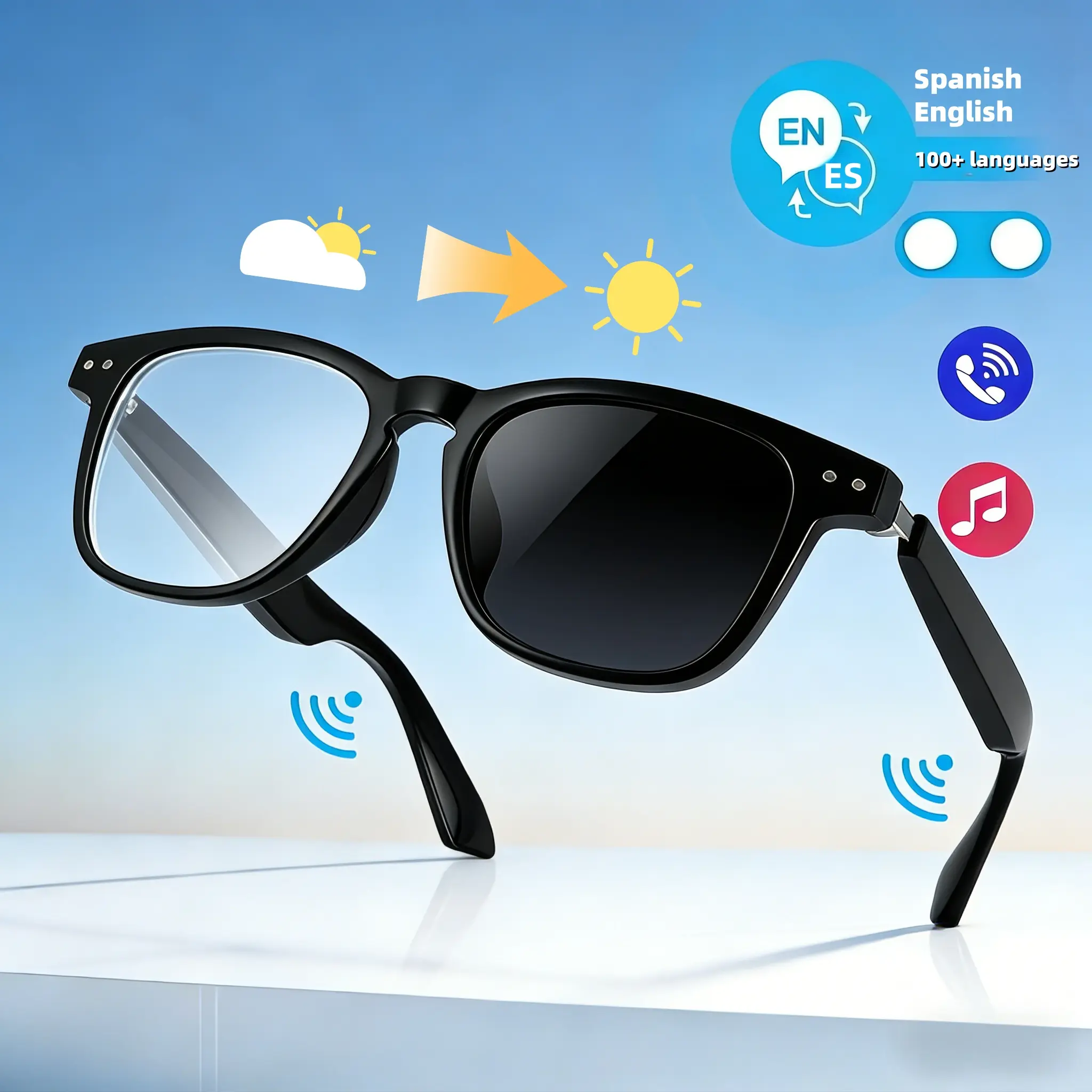 VUB smart glasses are equipped with automatically adjusting polarized lenses, built-in speakers, microphones, and blue light blocking, enabling users to listen to music and make phone calls.