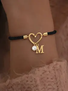 Heart-Shaped Initial Faux Pearl Women's Bracelet, Fashionable Adjustable Ladies' Rope, Casual Style, All Seasons