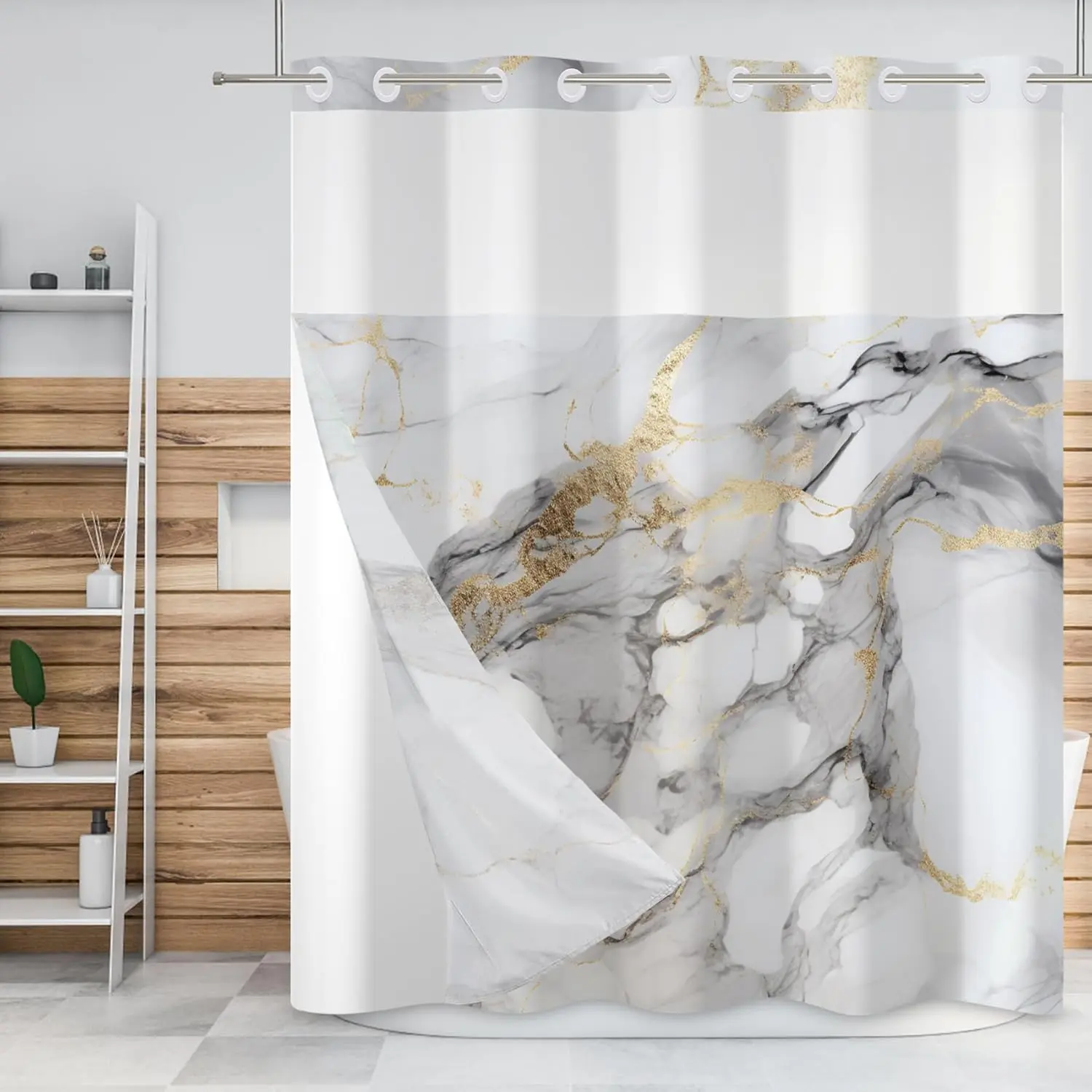 Hookless Gold Ink White Marble Polyester Shower Curtain Set (71x74 in/71w x 74h) with Split-Ring Buckle Snap-In Double-Layer Waterproof Semi-Sheer Shower Curtain Liner, Machine Washable, for Hotel Bathroom Use, Festival Decor