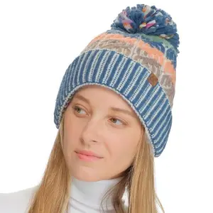 C.C Cable Multi-Color Block Pom Beanie for Women – Elevate Your Winter Look with Cozy Comfort and Bold Color Blocking Style casual knit hat