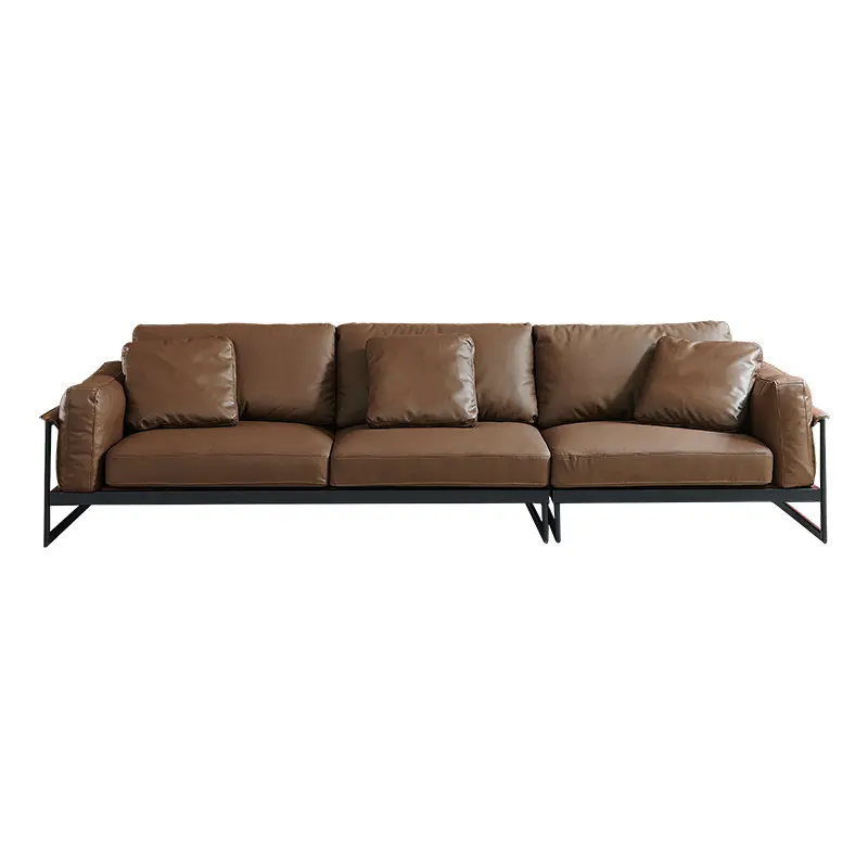 Industrial Modern Cognac Brown Leather Straight Sofa, Black Metal Frame 3-Seater Couch, Oversized Deep Seat Leather Sofa for Living Room