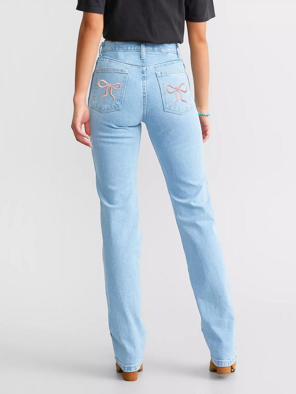 Women's Bow Embroidered  Pants with Pockets Mid Rise Baggy Jeans Y2k Straight Leg Denim stretchy