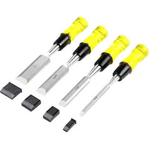 Wood Chisel Sets,4-Piece Woodworking Tools Set, CR-V Steel Beveled Edge Blades with Safety Caps.Durable PVC High Impact Handle, for Precision Carving & DIY Projects (1/4", 1/2", 3/4", 1")