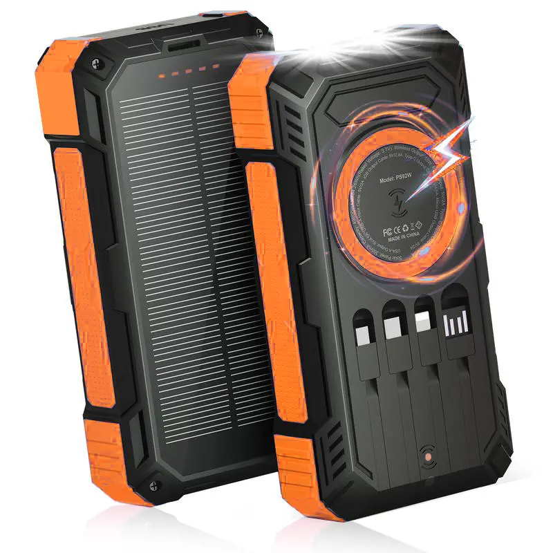 Solar Charger Power Bank 20000mAh, Wireless Charger Built-in 4 Cables 6 Outputs, 15W Fast Charging Battery Pack with Dual Flashlights, Durable Lithium Power Bank for All Mobile Devices ﻿