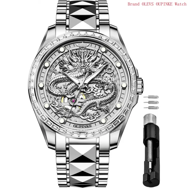 Brand OUPINKE Dragon Skeleton Men's Wrist Watches Luxury Dress Automatic Self Winding Mechanical Sapphire Crystal Diamond Waterproof Luminous Tungsten Steel Band Watches for Men Gift