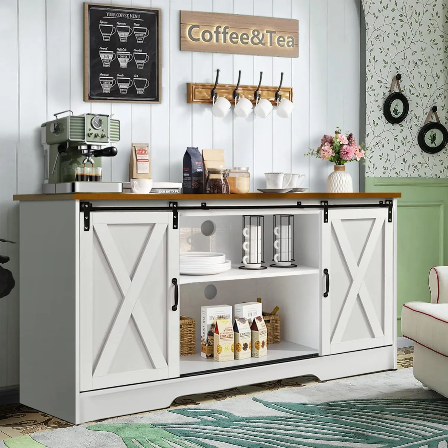 [SummerWins] HOMBCK Farmhouse Coffee Bar Cabinet, 59" Buffet Cabinet with Storage & Sliding Barn Doors, Kitchen Storage Cabinet, Coffee Station, Living Dining Room summer garden,fathers day gift ideas#home essentials#back to school