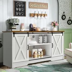 HOMBCK Farmhouse Coffee Bar Cabinet, 59" Buffet Cabinet with Storage & Sliding Barn Doors, Kitchen Storage Cabinet, Coffee Station, Living Dining Room