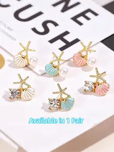 1 Pair Ocean Series Starfish Dreamy Earrings Pink Blue White Available Inlaid Imitation Pearl Zircon Versatile For Daily Vacation Dating