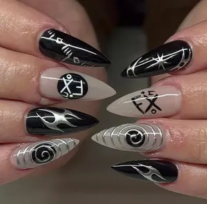 Gothic Tribal Press On Nails | Black White Flame Stiletto Nails | Y2K Alt Handmade Nail Set