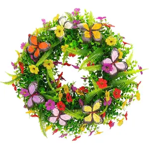Artificial Butterfly Flower Wreath, Faux Flower Wreath, Decorative Flower for Front Door, Home Wall, Wedding, Festival, Farmhouse, Easter, Holiday Party Decor, Plants