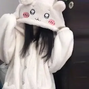 Anime chiikawa winter plush thick pajamas cartoon cute warm usag pajamas chiikawa coral fleece nightgown women's home suit set