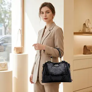 Luxury Black Croc-Embossed Satchel - Structured Top Handle Handbag with Gold Lock & Chain Detail Leather Large Bag