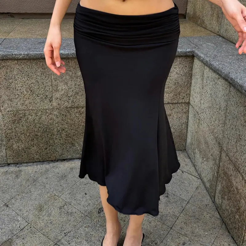 Women's Y2K Casual Plain Ruched Low-Waist Mermaid Midi, Fitted A-Line Drop Waist Design, All Seasons Fashion, Casual Skirts, Stretch Solid Skirt