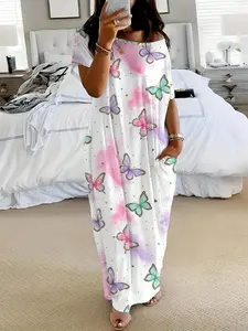 Women's Butterfly/Star Print Pocket Round Neck Nightdress, Casual Soft Comfortable Short Sleeve Nightgown for All Seasons, Lady's Sleepwear for Indoor Wear, Sleepwear Dresses