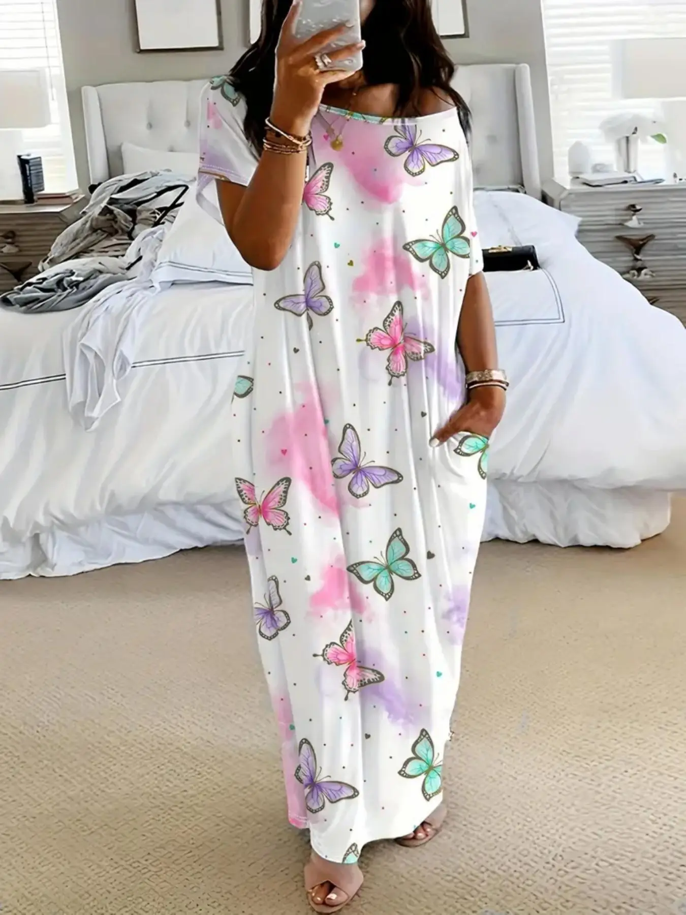 Women's Butterfly / Star Print Pocket Round Neck Nightdress, Casual Soft Comfortable Short Sleeve Nightgown for All Seasons, Lady's Sleepwear for Indo