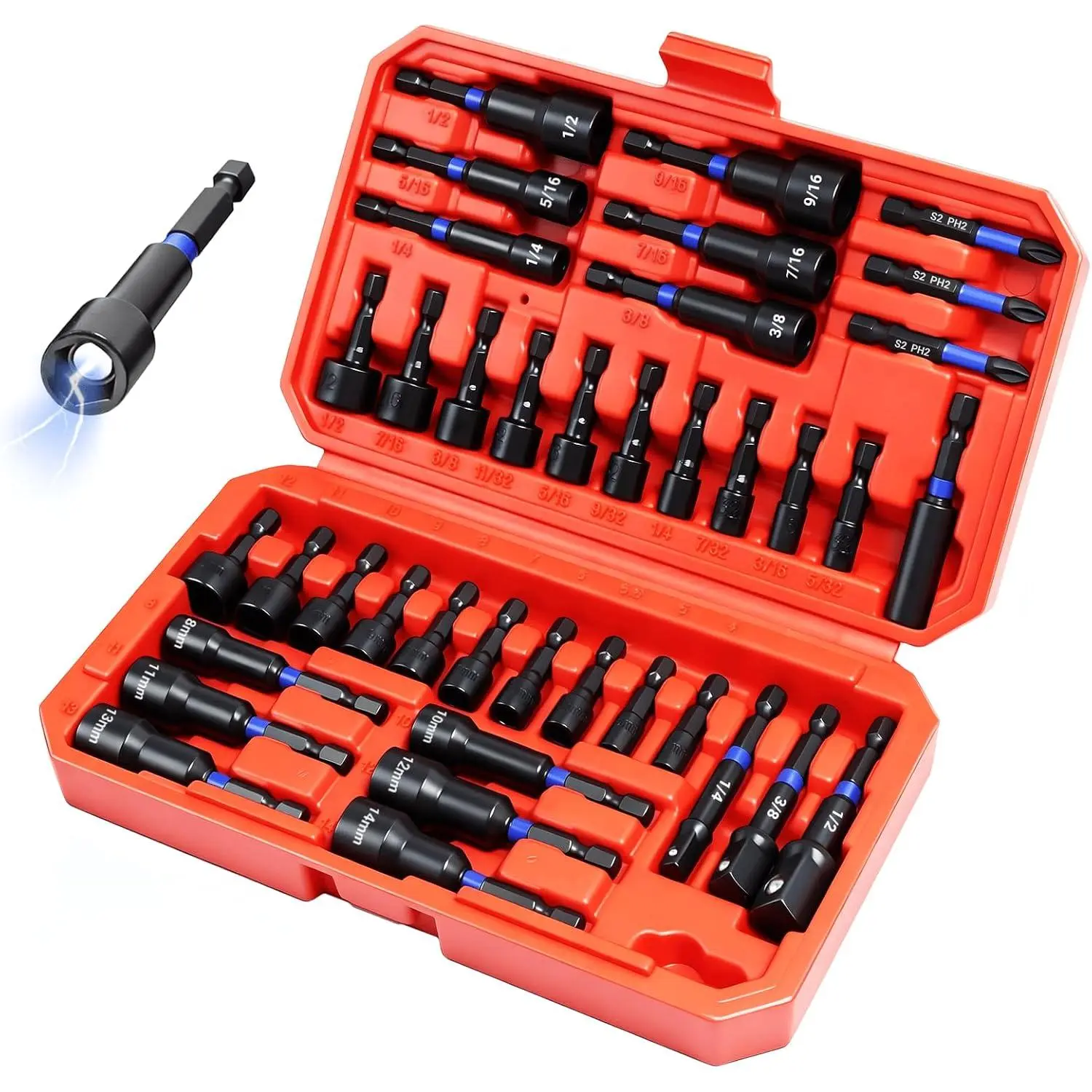 39-Piece Magnetic Nut Driver Set, Includes Metric & SAE Impact Driver Bit Set, Bit Extension & Drill Bit Adapter| 1/4" Hex Shank| Cr-V Steel, Screwdriver Bits, Bit Holder, Slotting Tool Box