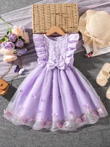 Young Girls Butterfly Net Lace Round Neck, Fashionable Cute Sweet Princess Fairy Tale Dress, Princess Peach Dress Poof, Multi-Color Options Available
